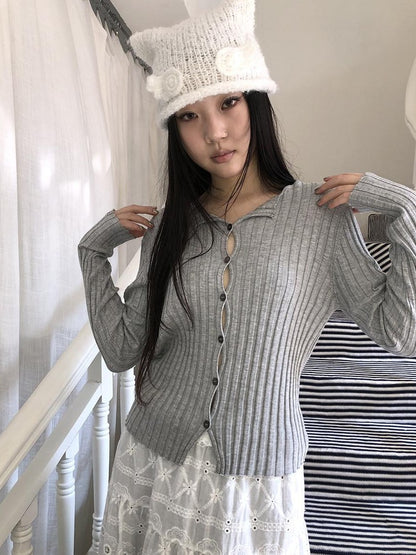 ang project Korean Ribbed V-neck Single Row Button Slim Fit Women&