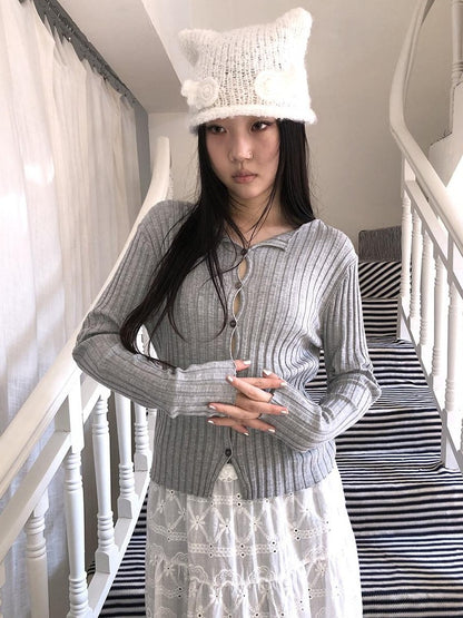 ang project Korean Ribbed V-neck Single Row Button Slim Fit Women&