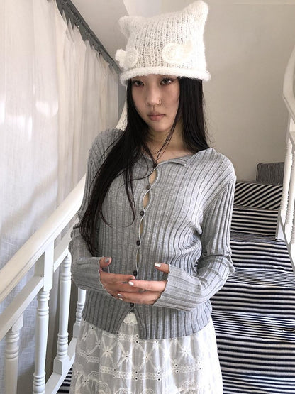 ang project Korean Ribbed V-neck Single Row Button Slim Fit Women&