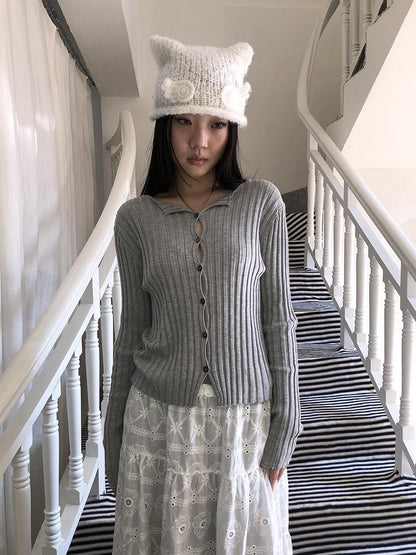 ang project Korean Ribbed V-neck Single Row Button Slim Fit Women&