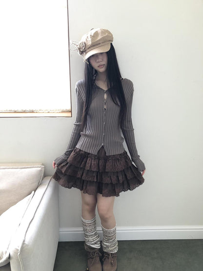ang project Korean Ribbed V-neck Single Row Button Slim Fit Women&