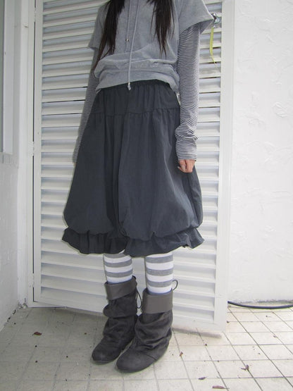 ang project Korean Ruffle Elastic Waist Bubble Hem Loose Fit Women&
