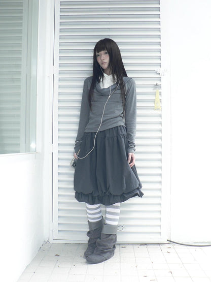 ang project Korean Ruffle Elastic Waist Bubble Hem Loose Fit Women&
