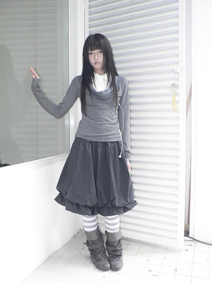 ang project Korean Ruffle Elastic Waist Bubble Hem Loose Fit Women&