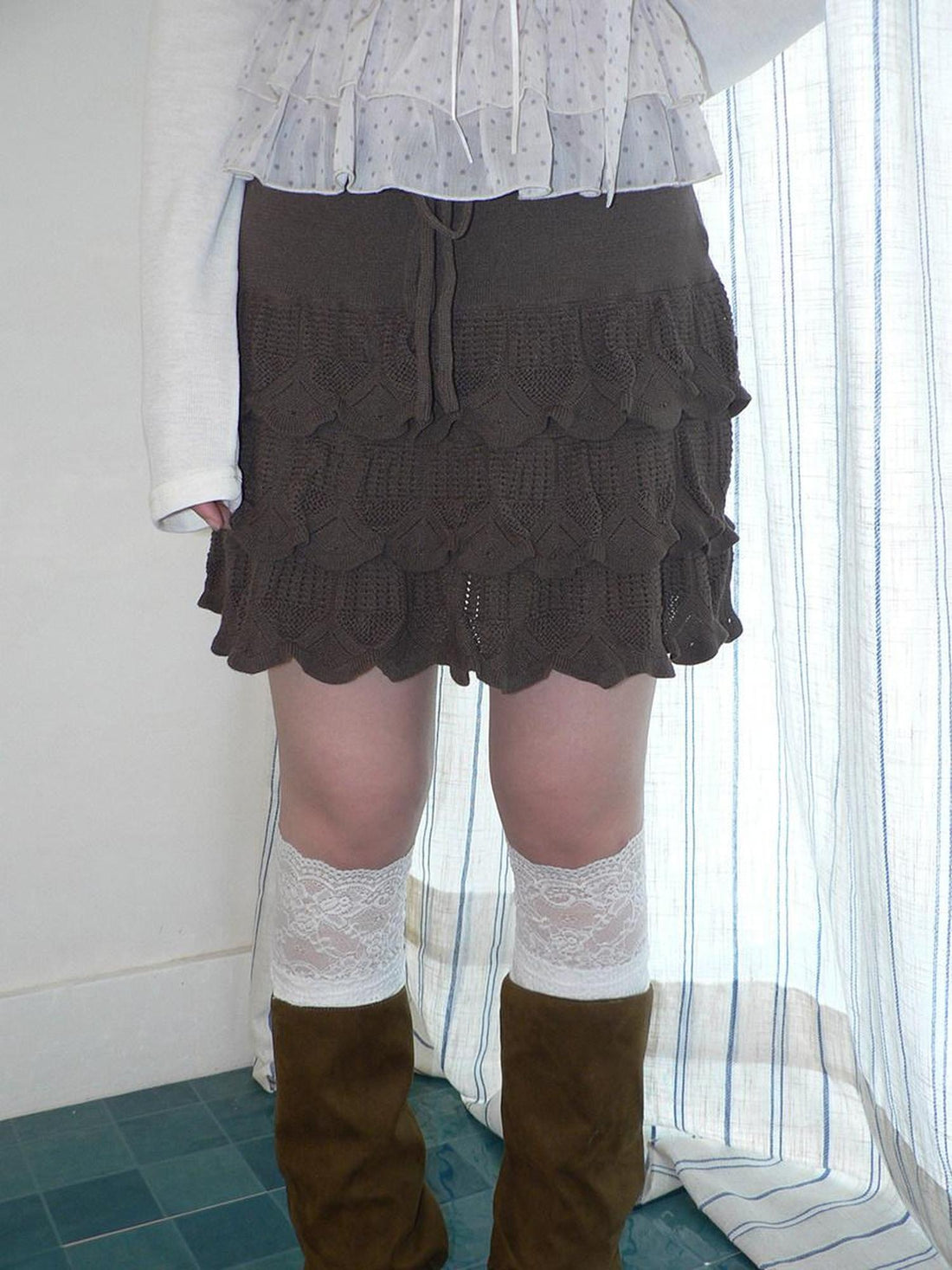 ang project Korean Ruffle Tiered Pleated Knit Natural Waist Casual Girls Women Mini Skirt