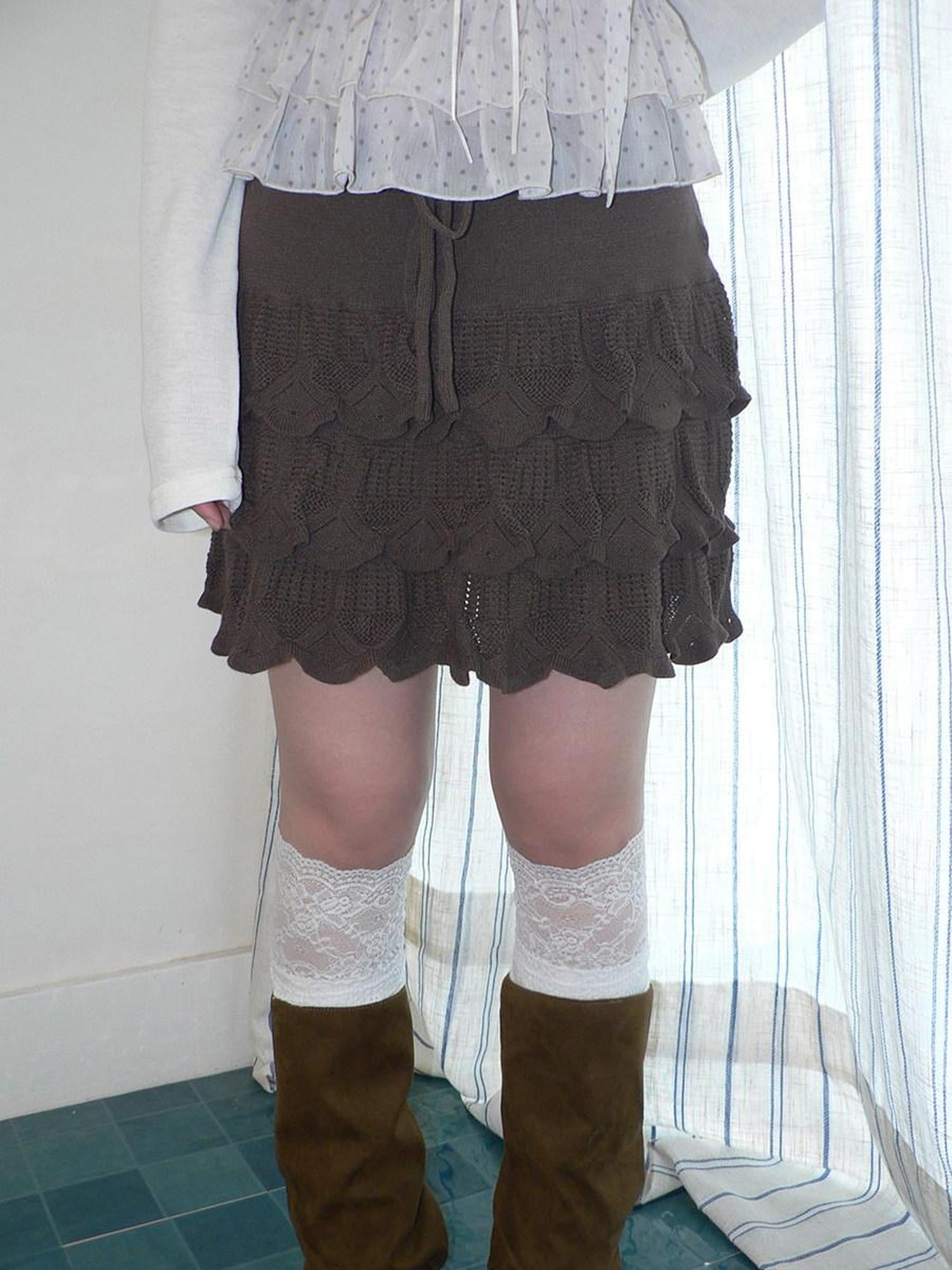 ang project Korean Ruffle Tiered Pleated Knit Natural Waist Casual Girls Women Mini Skirt