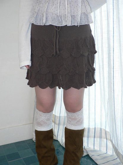 ang project Korean Ruffle Tiered Pleated Knit Natural Waist Casual Girls Women Mini Skirt