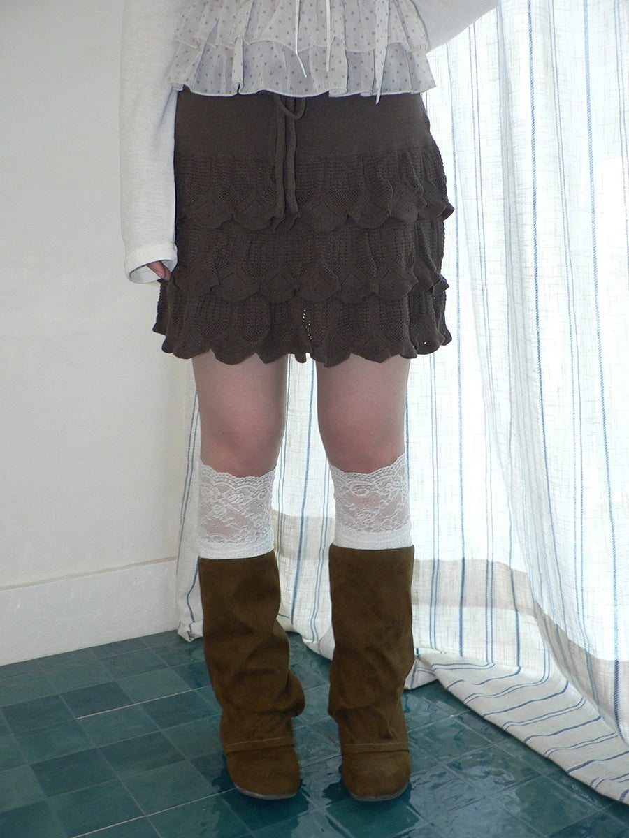 ang project Korean Ruffle Tiered Pleated Knit Natural Waist Casual Girls Women Mini Skirt