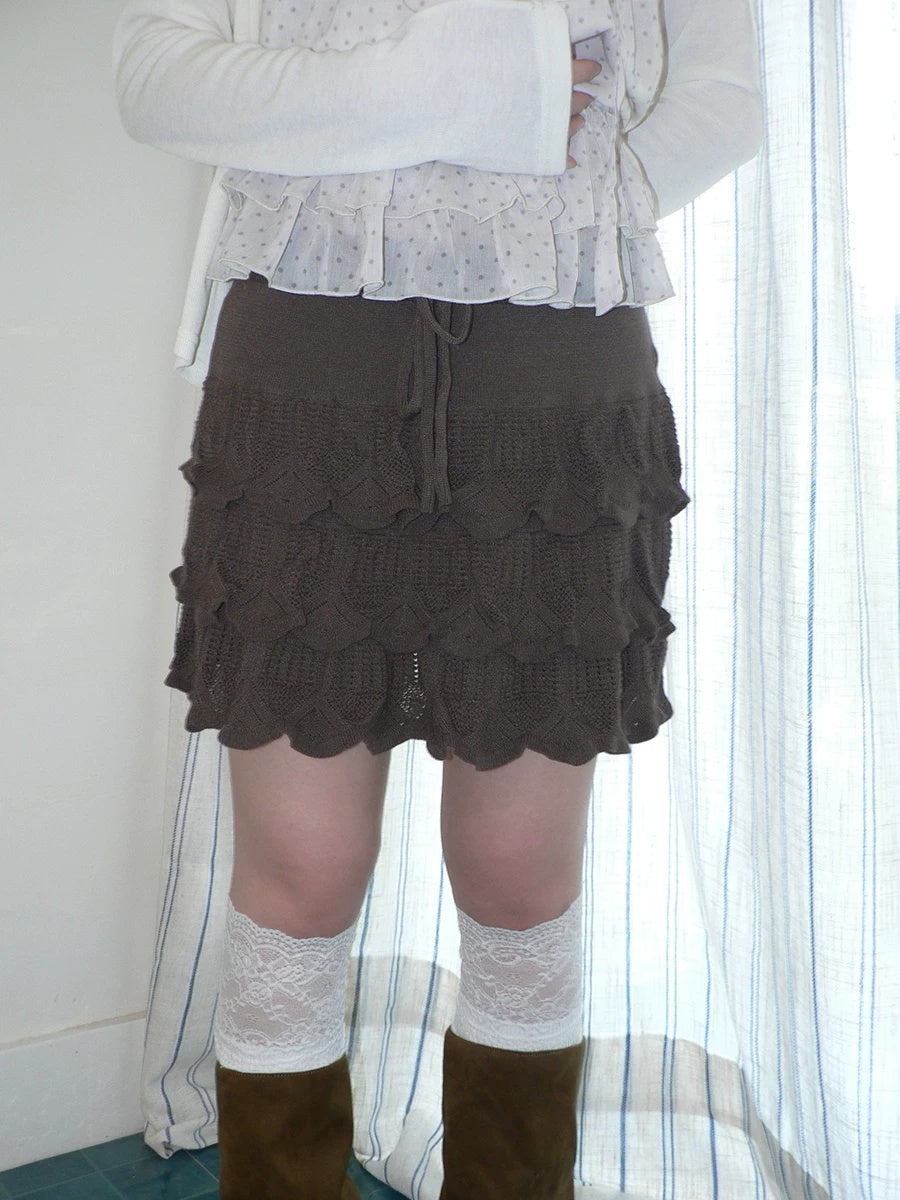 ang project Korean Ruffle Tiered Pleated Knit Natural Waist Casual Girls Women Mini Skirt
