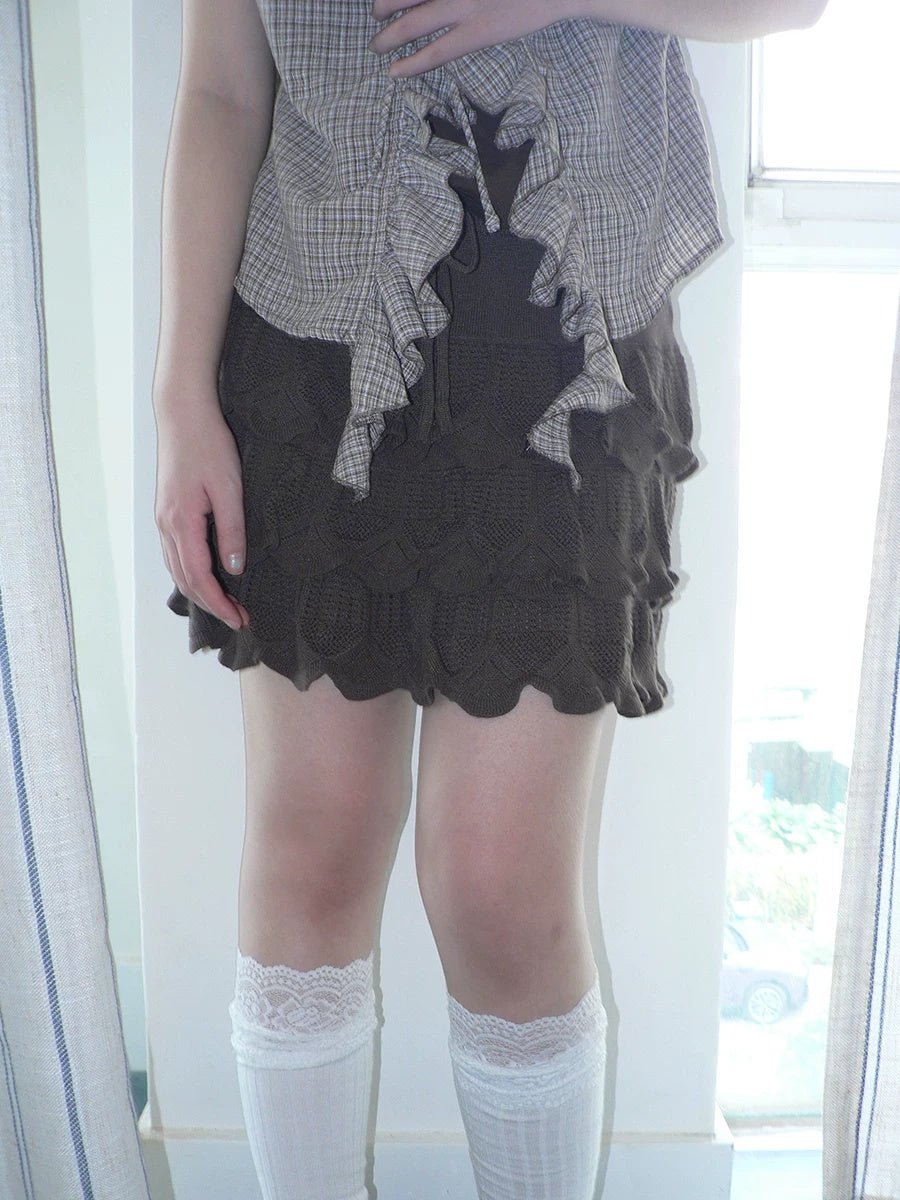 ang project Korean Ruffle Tiered Pleated Knit Natural Waist Casual Girls Women Mini Skirt
