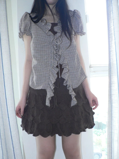 ang project Korean Ruffle Tiered Pleated Knit Natural Waist Casual Girls Women Mini Skirt