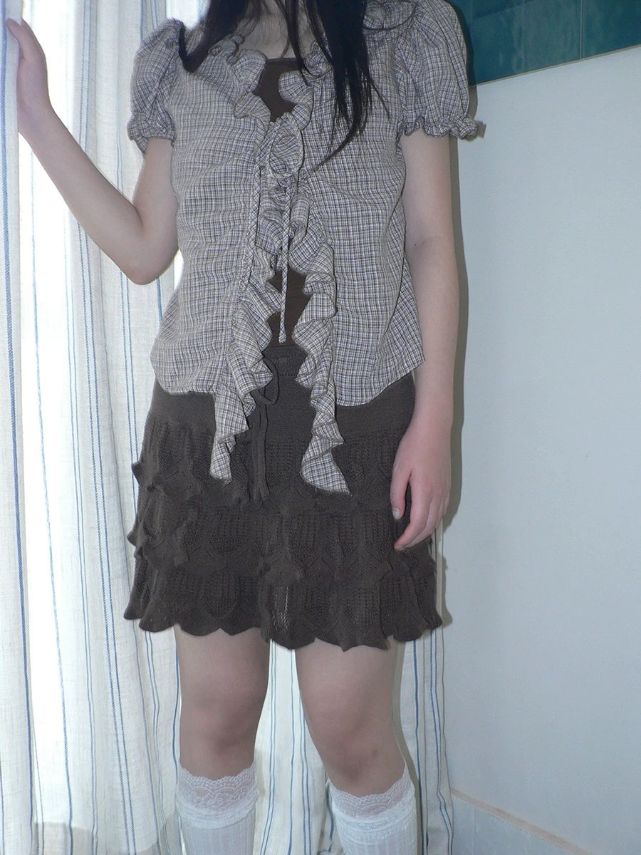 ang project Korean Ruffle Tiered Pleated Knit Natural Waist Casual Girls Women Mini Skirt