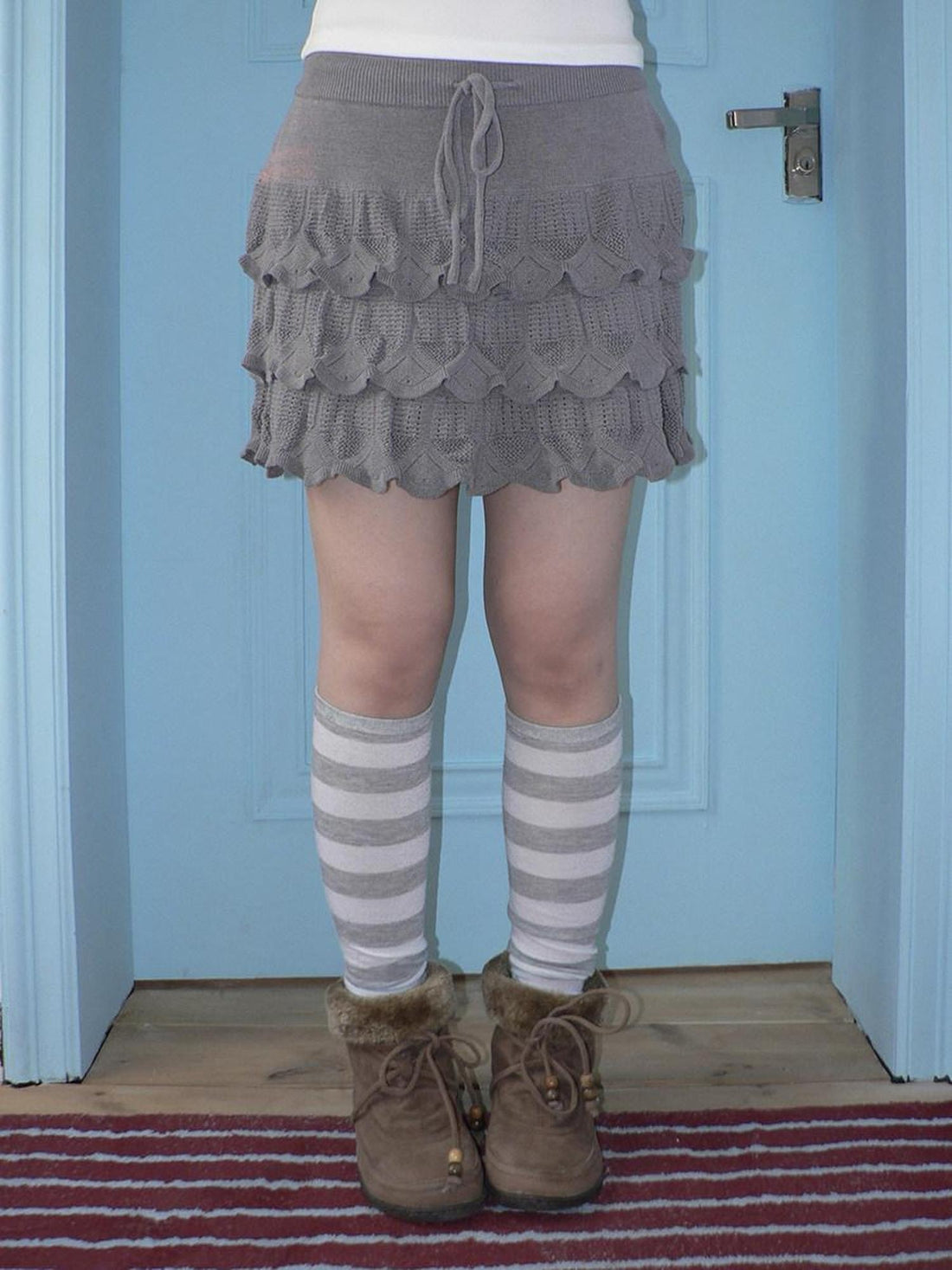 ang project Korean Ruffle Tiered Pleated Knit Natural Waist Casual Girls Women Mini Skirt