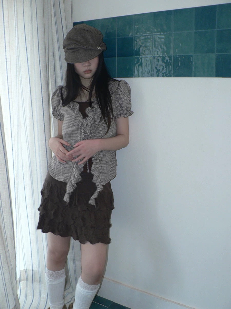 ang project Korean Ruffle Tiered Pleated Knit Natural Waist Casual Girls Women Mini Skirt