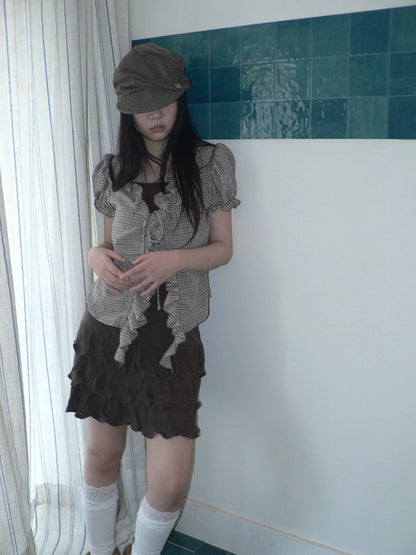 ang project Korean Ruffle Tiered Pleated Knit Natural Waist Casual Girls Women Mini Skirt