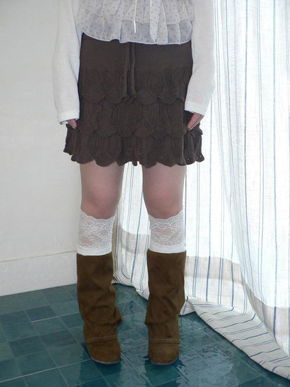 ang project Korean Ruffle Tiered Pleated Knit Natural Waist Casual Girls Women Mini Skirt