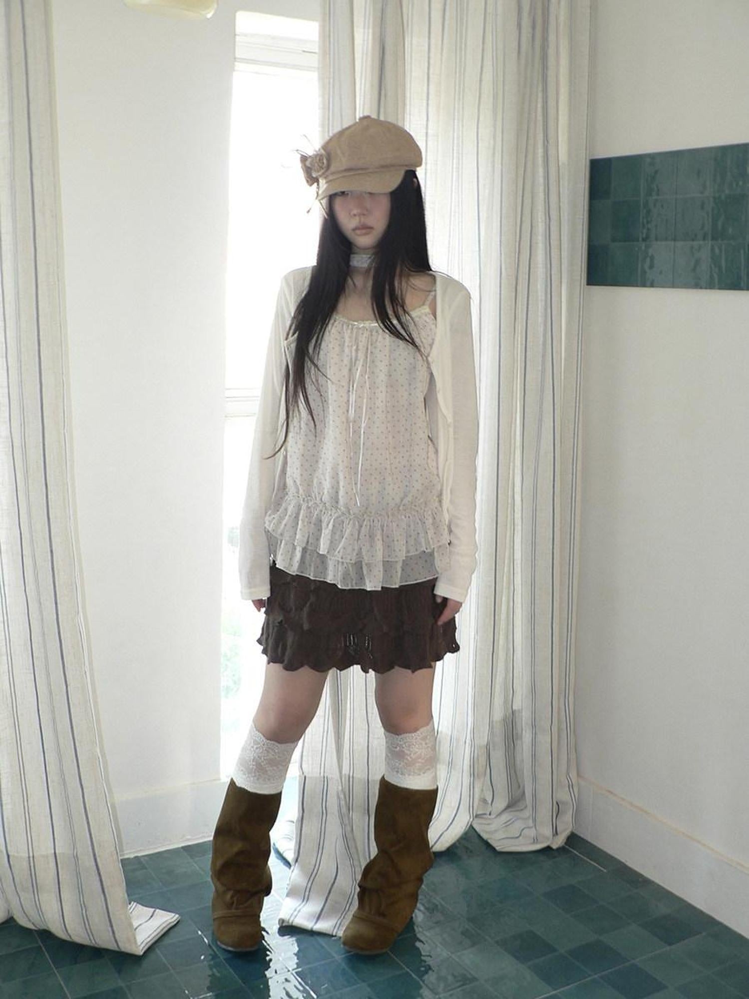 ang project Korean Ruffle Tiered Pleated Knit Natural Waist Casual Girls Women Mini Skirt