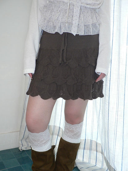 ang project Korean Ruffle Tiered Pleated Knit Natural Waist Casual Girls Women Mini Skirt
