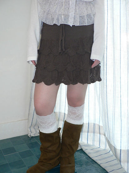 ang project Korean Ruffle Tiered Pleated Knit Natural Waist Casual Girls Women Mini Skirt