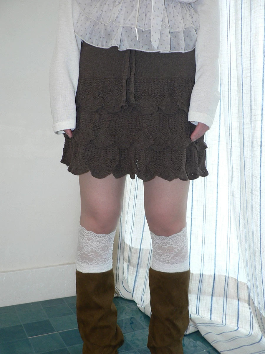 ang project Korean Ruffle Tiered Pleated Knit Natural Waist Casual Girls Women Mini Skirt