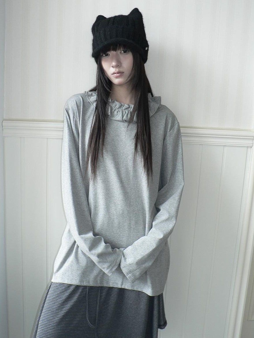 ang project Korean Ruffle Trim Solid Color Loose Fit Women&