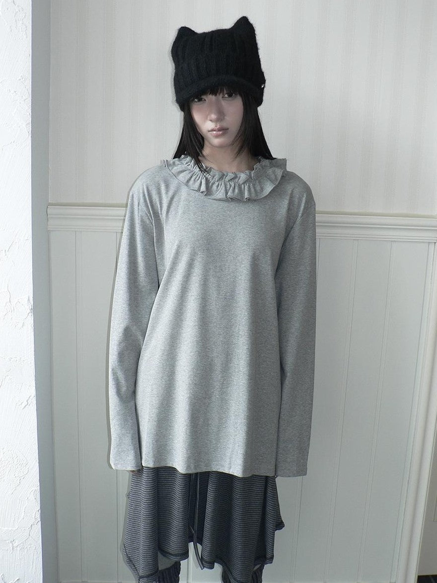 ang project Korean Ruffle Trim Solid Color Loose Fit Women&