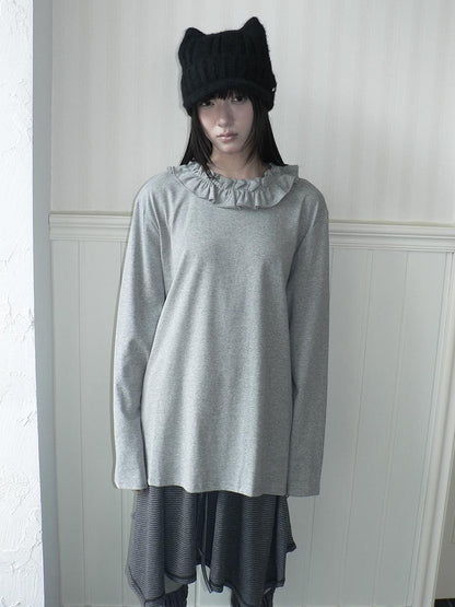 ang project Korean Ruffle Trim Solid Color Loose Fit Women&