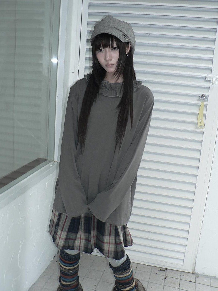 ang project Korean Ruffle Trim Solid Color Loose Fit Women&