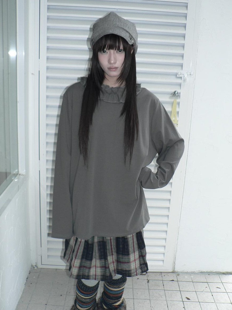 ang project Korean Ruffle Trim Solid Color Loose Fit Women&