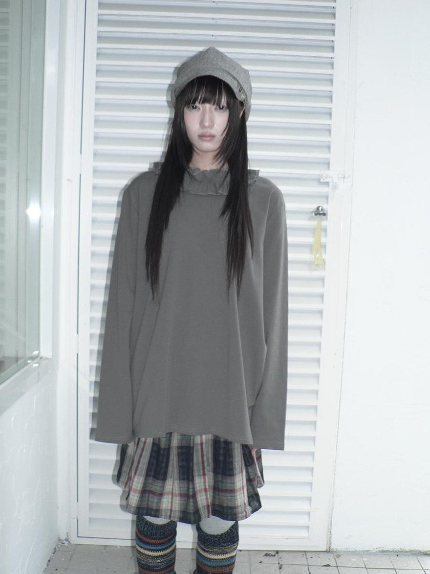 ang project Korean Ruffle Trim Solid Color Loose Fit Women&