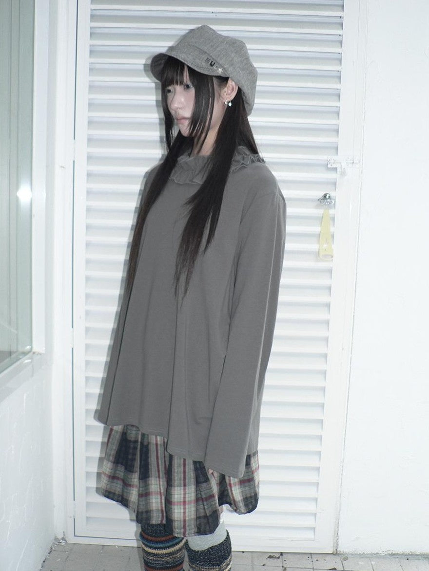 ang project Korean Ruffle Trim Solid Color Loose Fit Women&