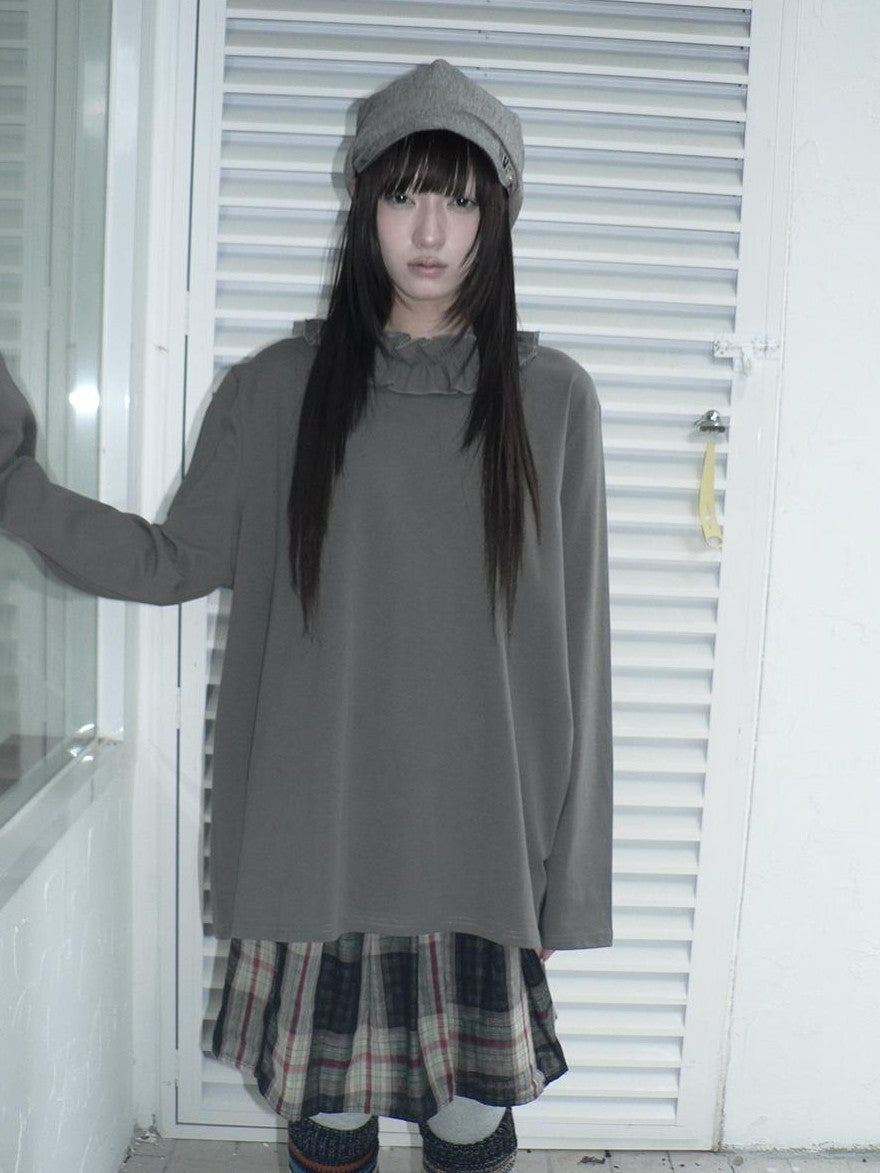 ang project Korean Ruffle Trim Solid Color Loose Fit Women&