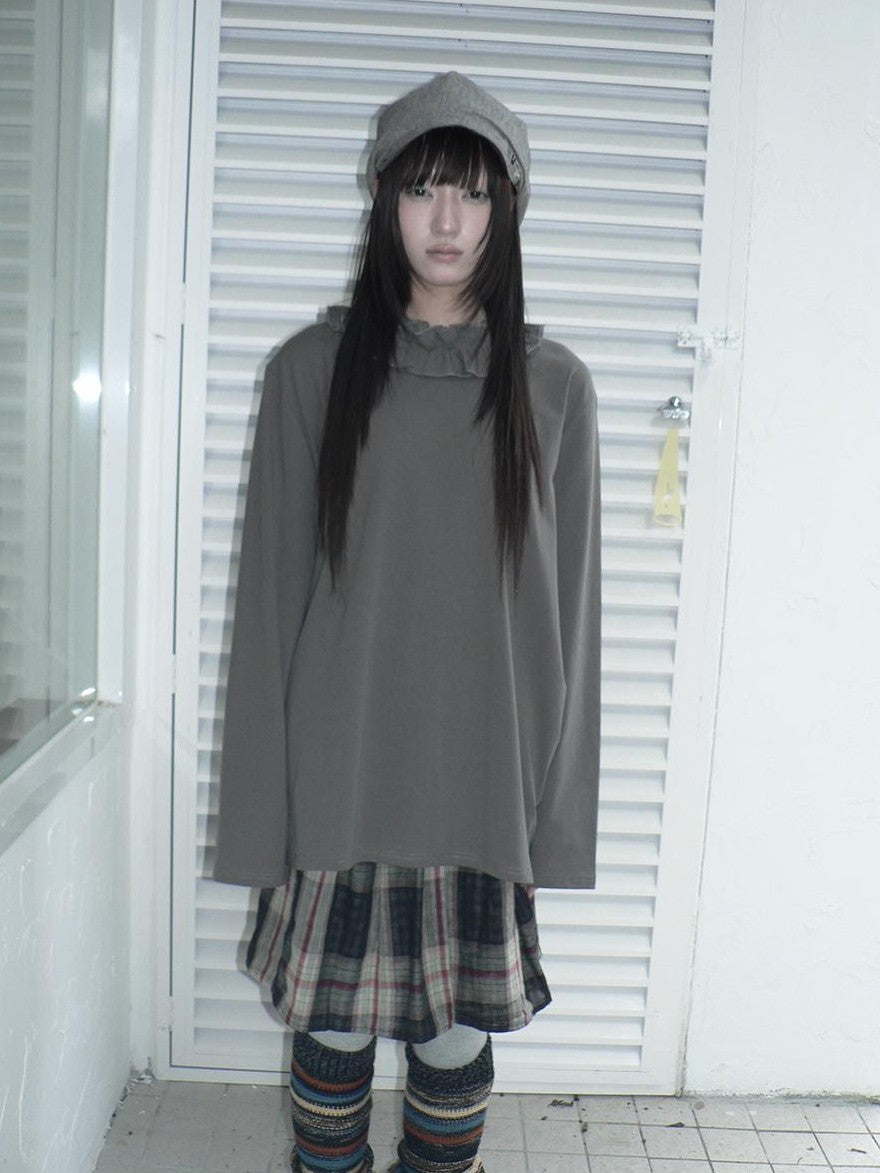 ang project Korean Ruffle Trim Solid Color Loose Fit Women&