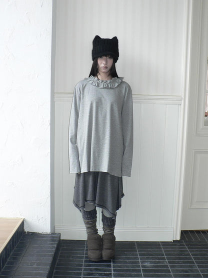 ang project Korean Ruffle Trim Solid Color Loose Fit Women&