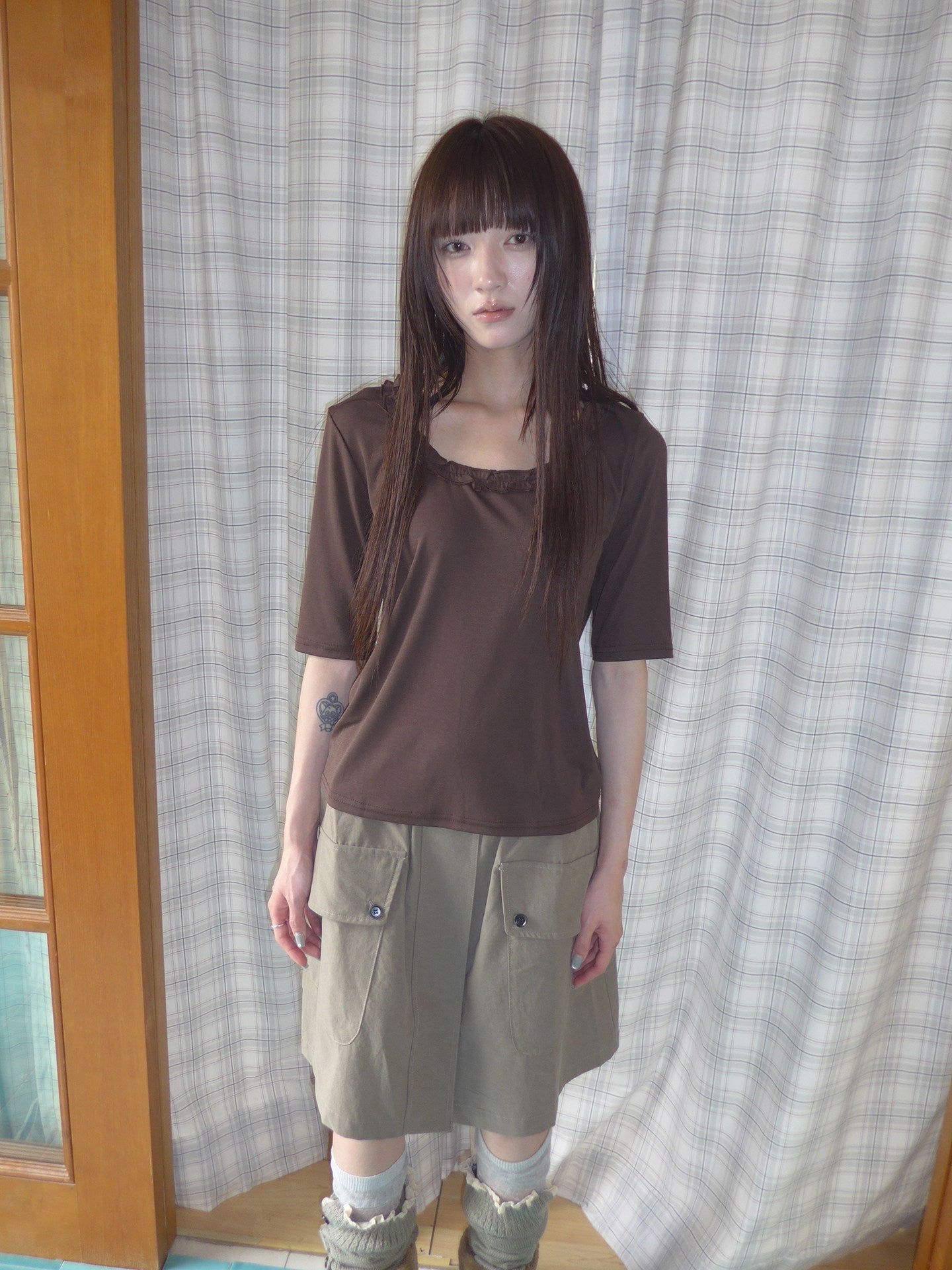 ang_project_Korean_Ruffle_U_Neck_Slim_Stretch_Half_Sleeve_Solid_Women&