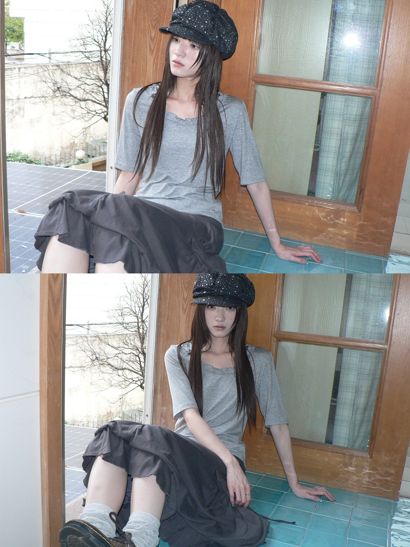 ang_project_Korean_Ruffle_U_Neck_Slim_Stretch_Half_Sleeve_Solid_Women&