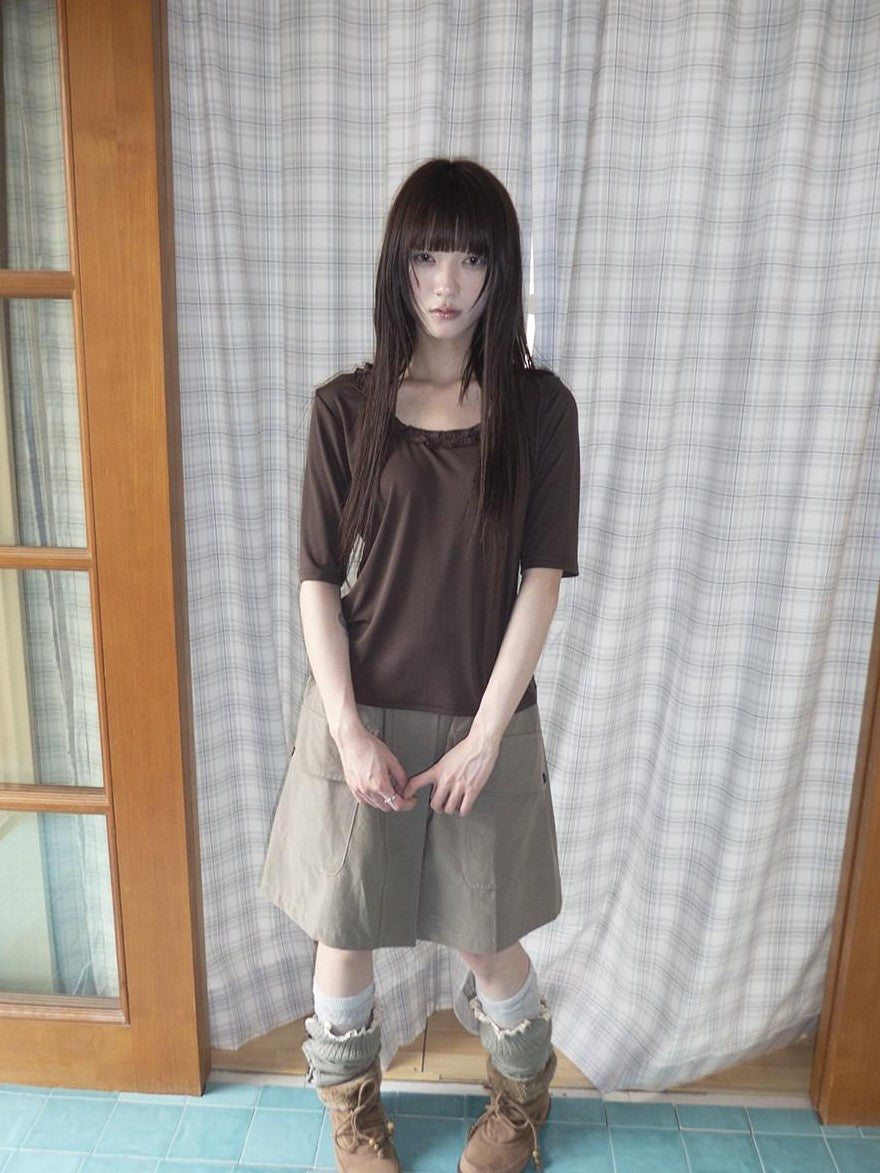 ang project Korean Ruffle U Neck Slim Stretch Half Sleeve Solid Women&