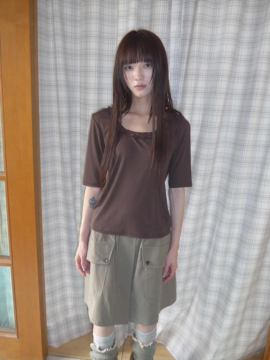 ang project Korean Ruffle U Neck Slim Stretch Half Sleeve Solid Women&