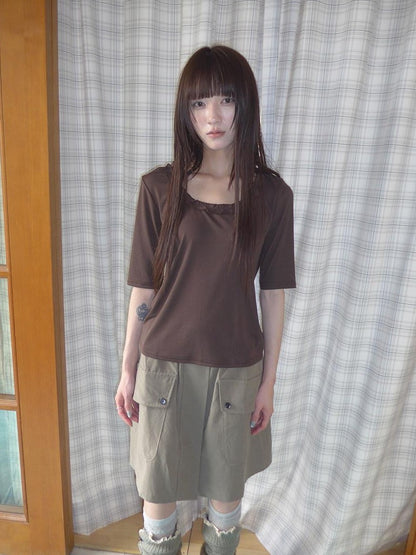 ang project Korean Ruffle U Neck Slim Stretch Half Sleeve Solid Women&