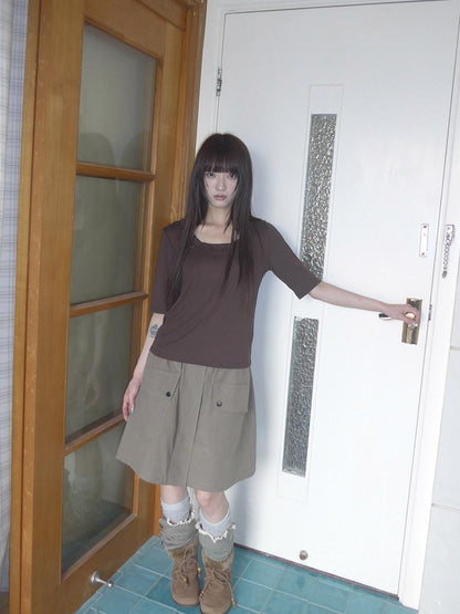 ang project Korean Ruffle U Neck Slim Stretch Half Sleeve Solid Women&