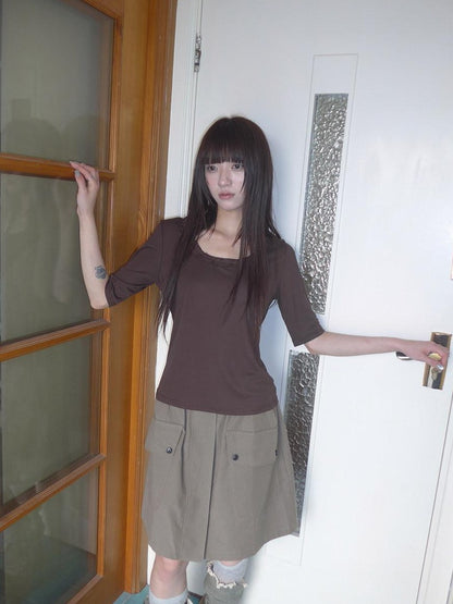 ang project Korean Ruffle U Neck Slim Stretch Half Sleeve Solid Women&