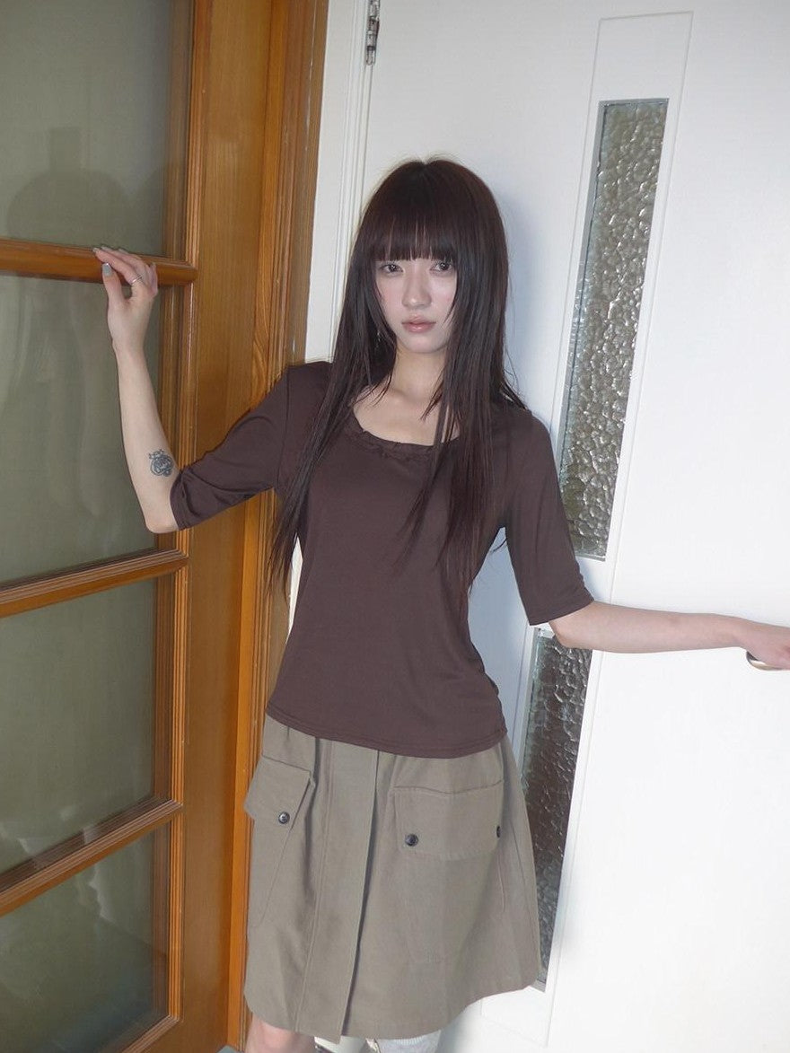 ang project Korean Ruffle U Neck Slim Stretch Half Sleeve Solid Women&