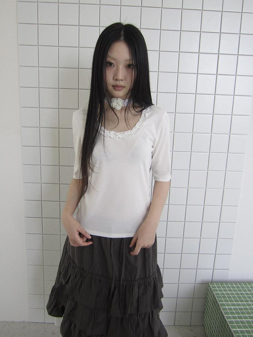 ang project Korean Ruffle U Neck Slim Stretch Half Sleeve Solid Women&