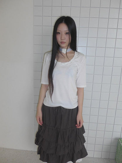 ang project Korean Ruffle U Neck Slim Stretch Half Sleeve Solid Women&