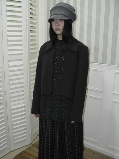 ang project Korean Straight Button Short Lapel Long Sleeve Women Solid Black Jacket