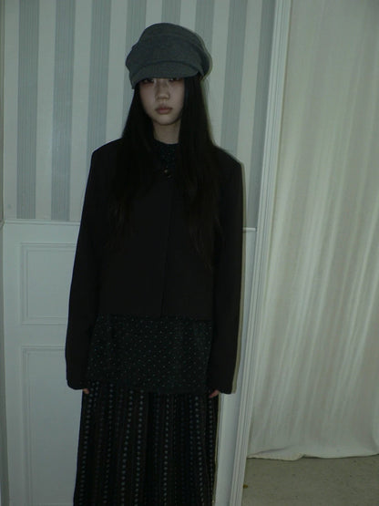 ang project Korean Straight Button Short Lapel Long Sleeve Women Solid Black Jacket