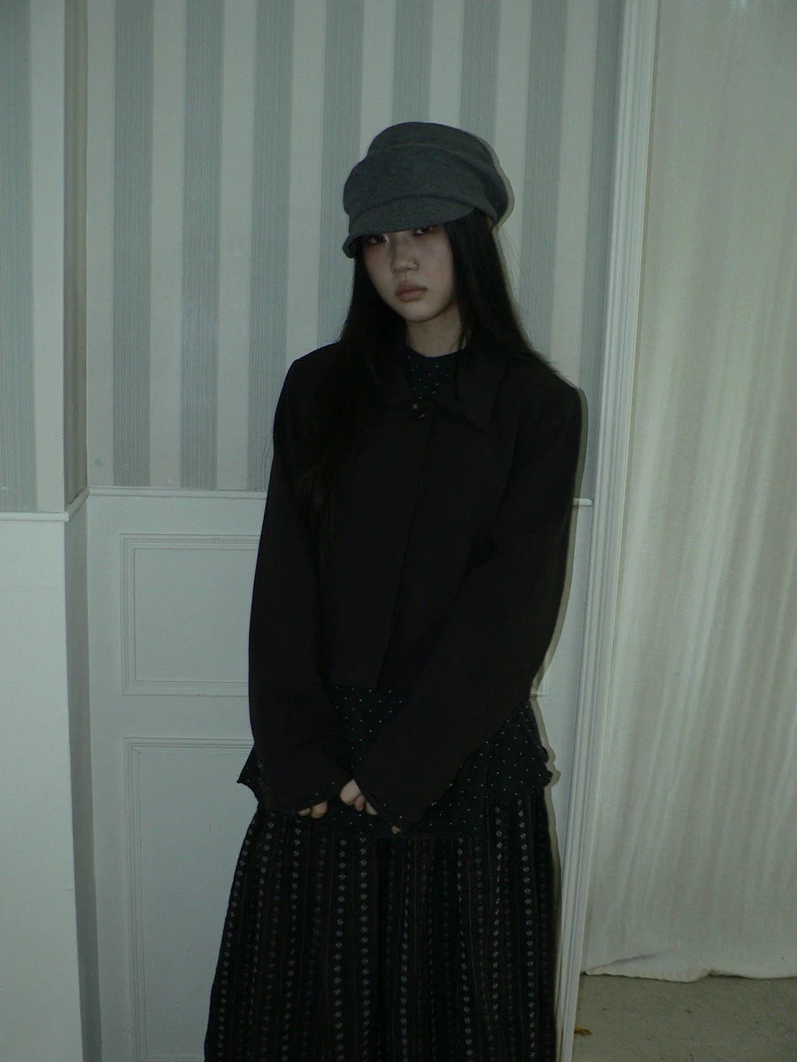 ang project Korean Straight Button Short Lapel Long Sleeve Women Solid Black Jacket