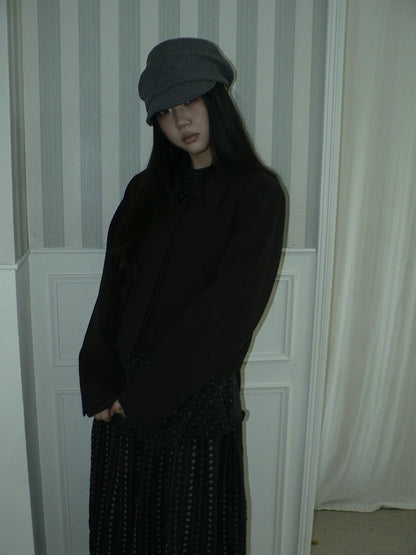 ang project Korean Straight Button Short Lapel Long Sleeve Women Solid Black Jacket