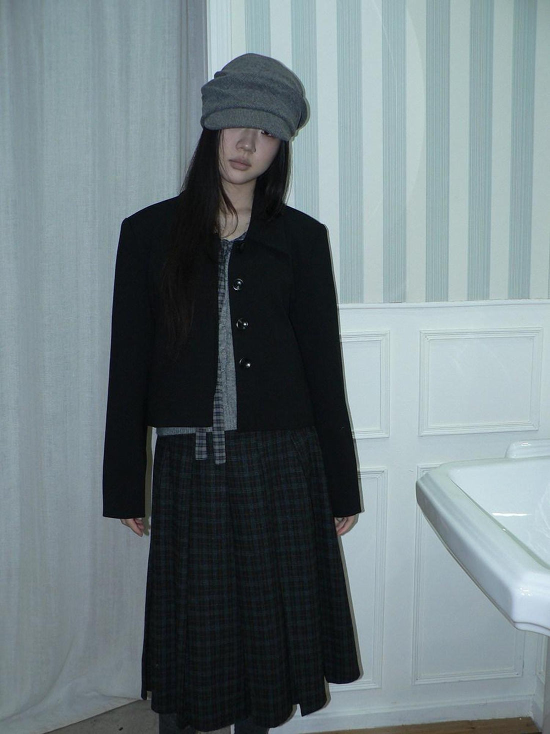 ang project Korean Straight Button Short Lapel Long Sleeve Women Solid Black Jacket