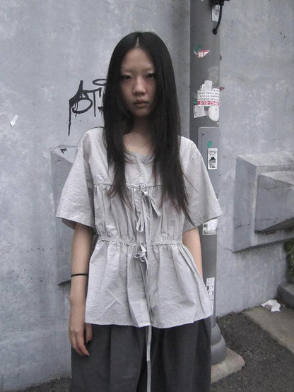 ang project Korean Style Lightweight Tied Waist Pleated Single Row Button Short Sleeve Top